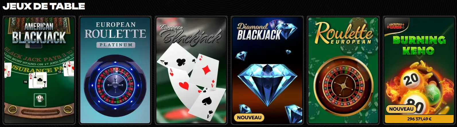 Jeux de table du Spinsy Casino incluant blackjack et roulette