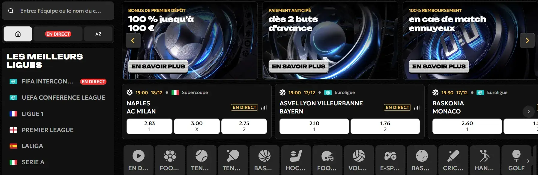 Paris sportifs du Spinsy Casino avec événements en direct