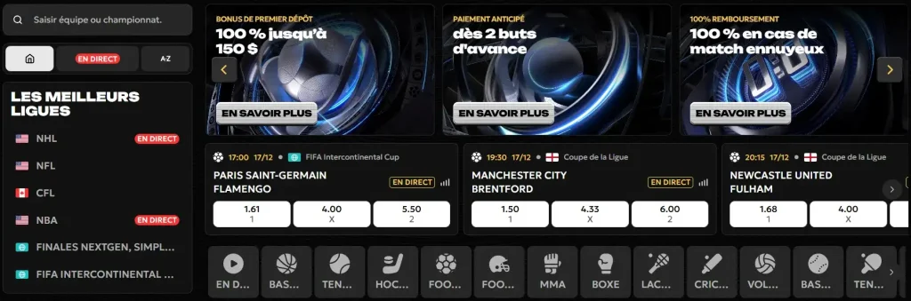 Paris sportifs du Spinsy Casino avec événements en direct