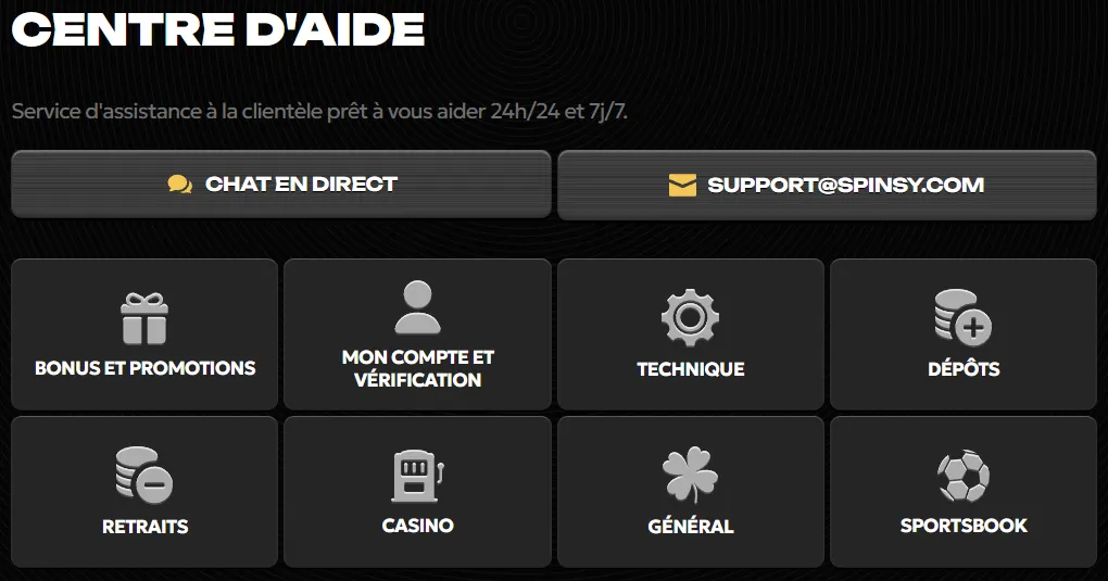 Service client du Spinsy Casino disponible 24/7 pour assistance